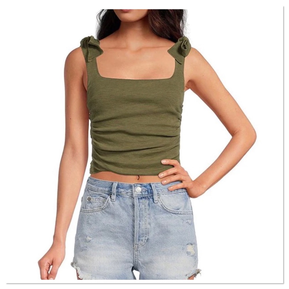 Free People Boulevard Ribbed Knit Square Neck Ruched Tank Top